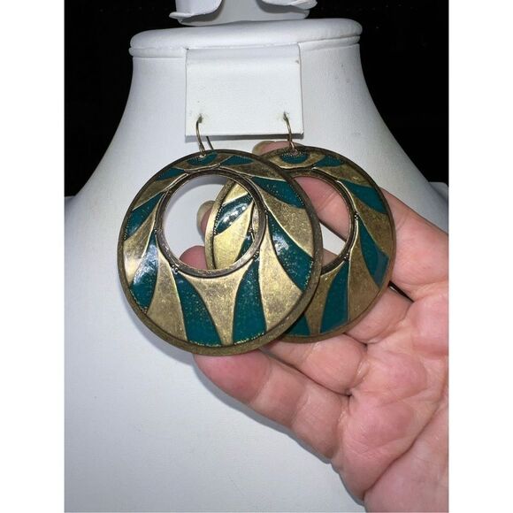 Vintage Brass and Enamel Dangle Hoop Earrings - Picture 1 of 6